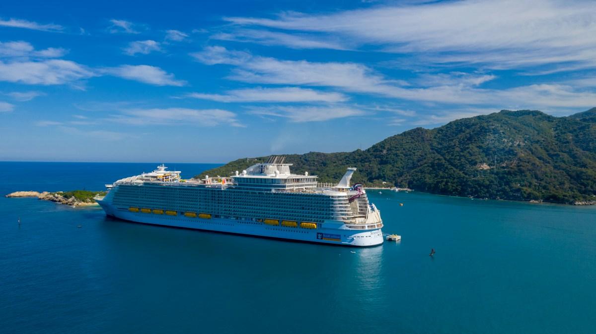 A cruise ship at sea along a green coastline