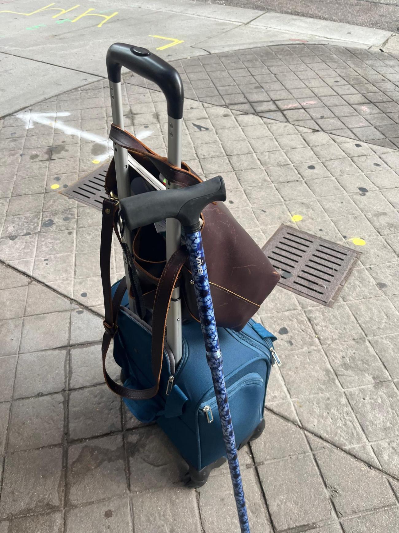 A blue patterned cane leaning against a rolling suitcase on a city sidewalk