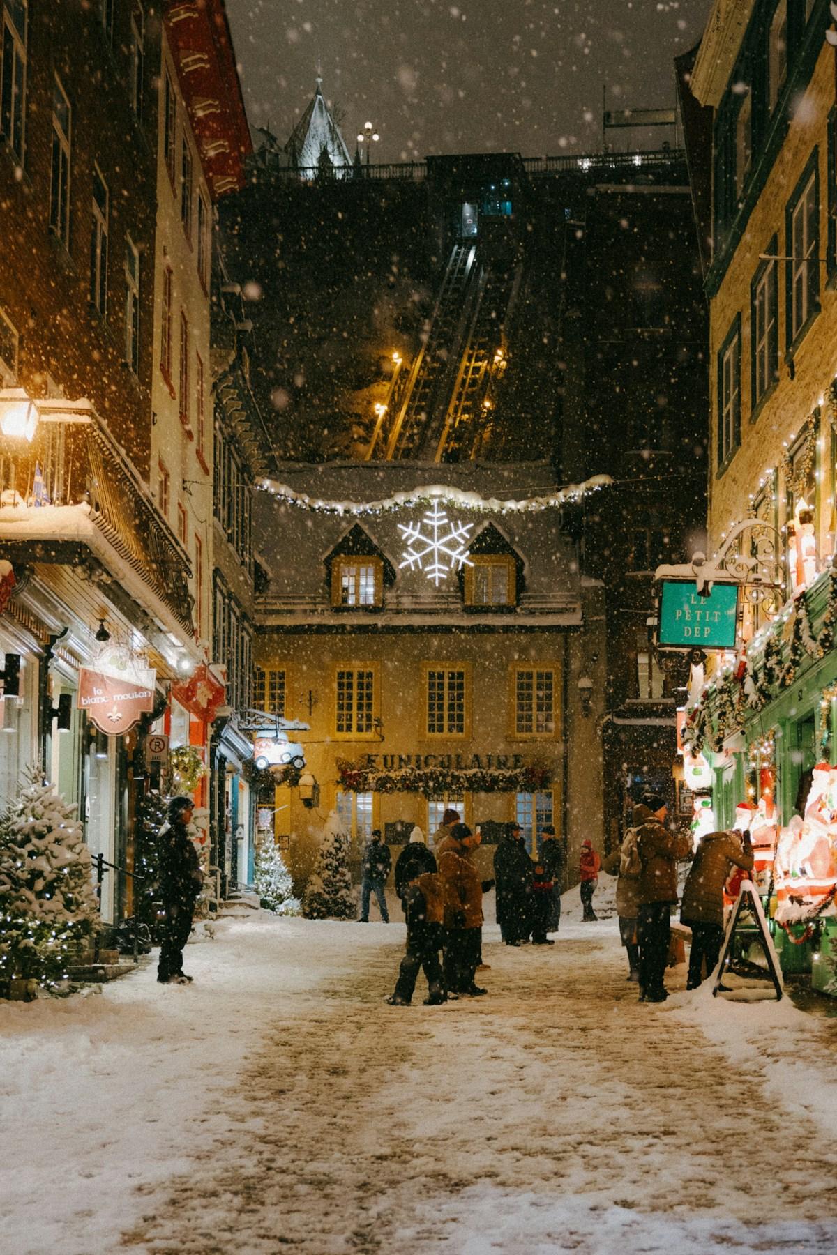 A festive old street in Quebec City decorated for the holidays