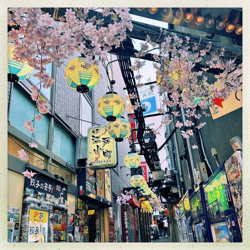 A narrow Tokyo lane lit by paper lanterns
